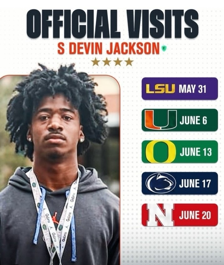 Devin Jackson — 4-Star Safety recruit official visits graphic